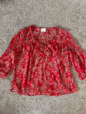 Red Floral Tie-Neck Women's Blouse